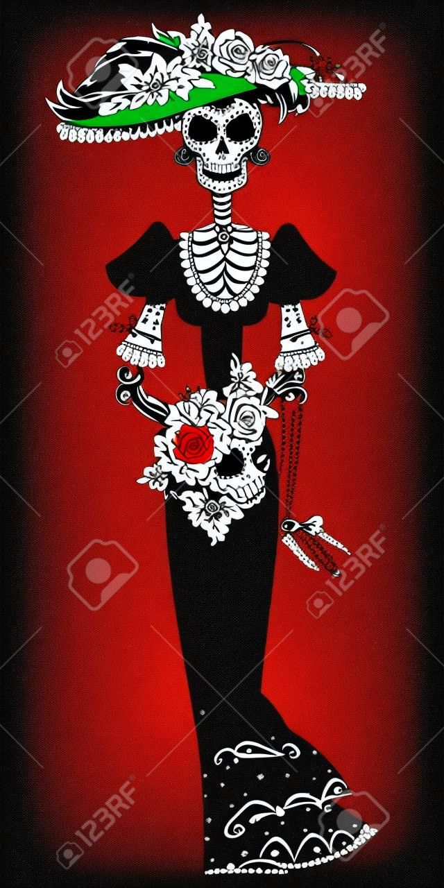 卡翠娜骷髅头优雅的头骨Dia de Muertos墨西哥传统插画矢量图