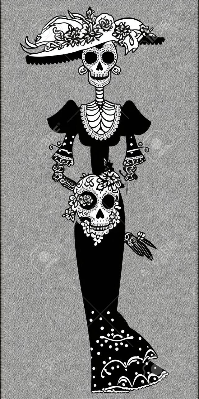 La Catrina. Elegancki czaszki. Dia de Muertos. Meksykańskiej tradycji. Ilustracji wektorowych