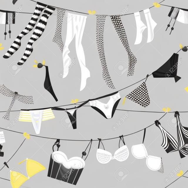 essiccazione lavanderia su una linea di lavaggio. lingerie in bianco e nero. Motivo di sfondo senza soluzione di continuità. Illustrazione vettoriale.