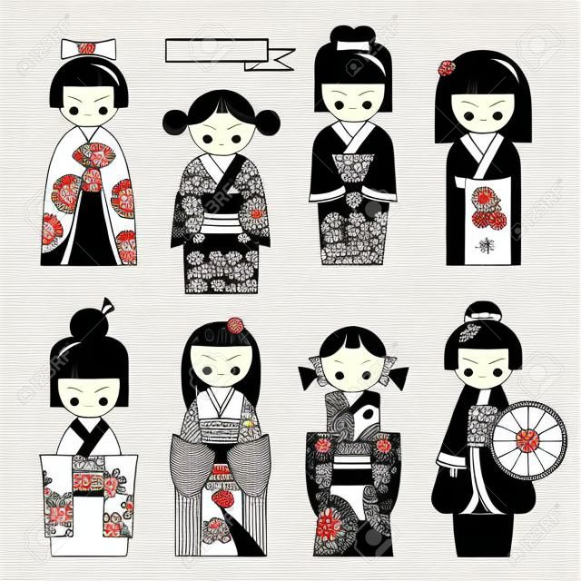 Muñeca japonesa tradicional. Muñecas Kokeshi. Blanco y negro. Ilustración vectorial