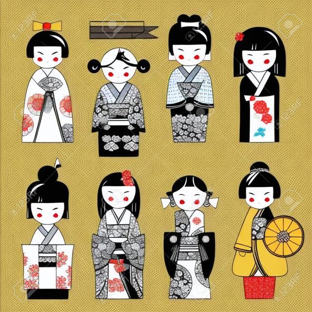A hagyományos japán baba. Kokeshi babák. Fekete fehér. Vektoros illusztráció