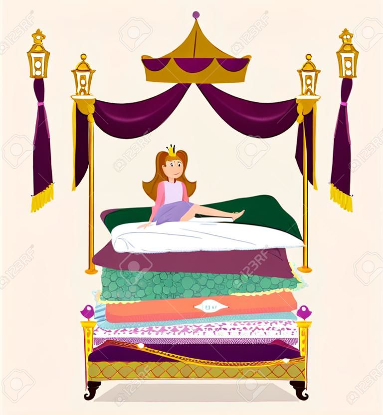De prinses en de erwt. Een meisje zit op een stapel matrassen onder het koninklijke bladerdak. Vector illustratie.