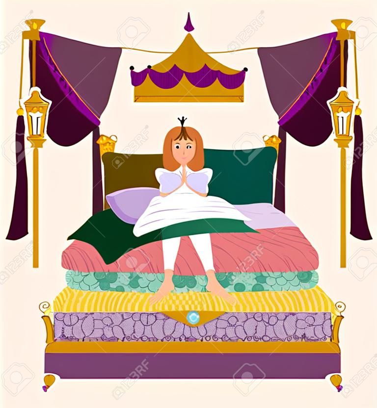 De prinses en de erwt. Een meisje zit op een stapel matrassen onder het koninklijke bladerdak. Vector illustratie.