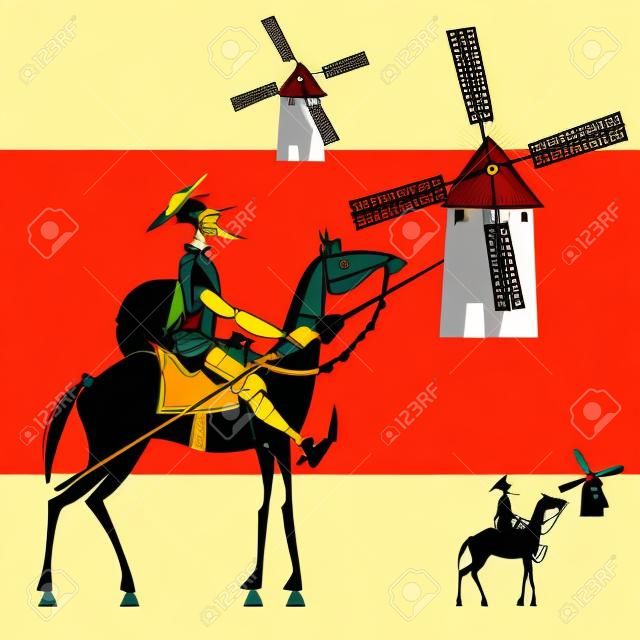 Knight-errant Don Quixote and windmills. vector illustration