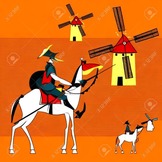 Knight-errant Don Quixote and windmills. vector illustration
