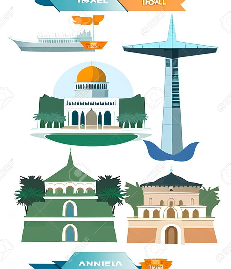Sights of Israel. Bab Shrine in Bahai Garden, Haifa, Underwater Observatory Marine Park, Eilat, Pagoda House, Tel Aviv. vector illustration