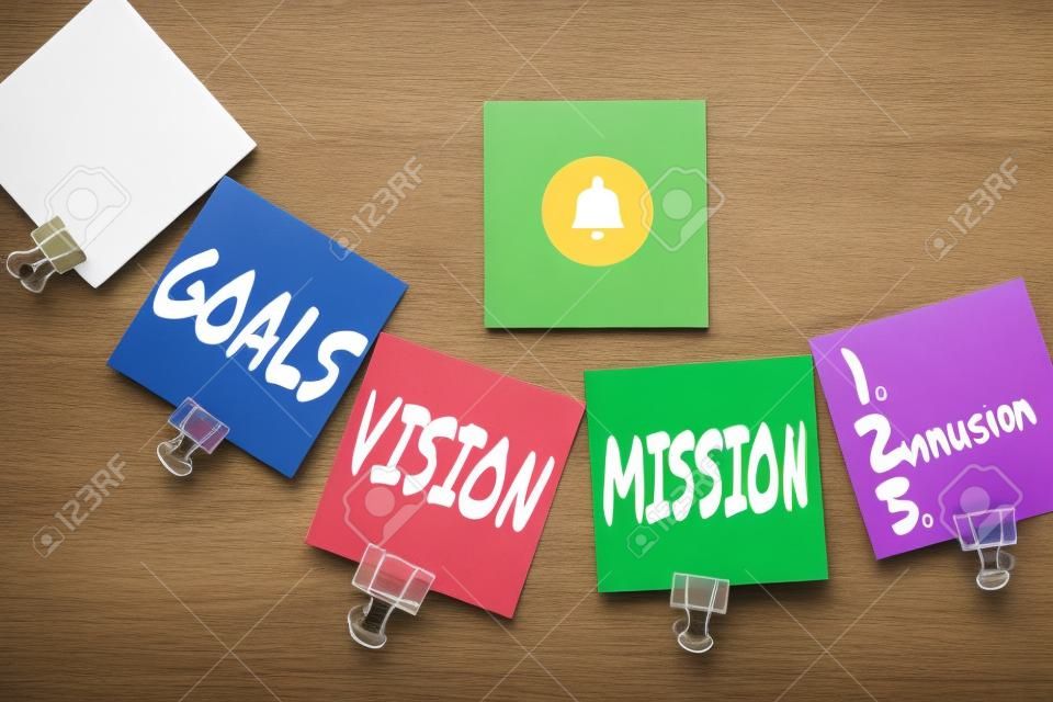Sign displaying Goals Vision Mission. Concept meaning practical planning process used to help community group Multiple assorted collection office stationery photo placed over table