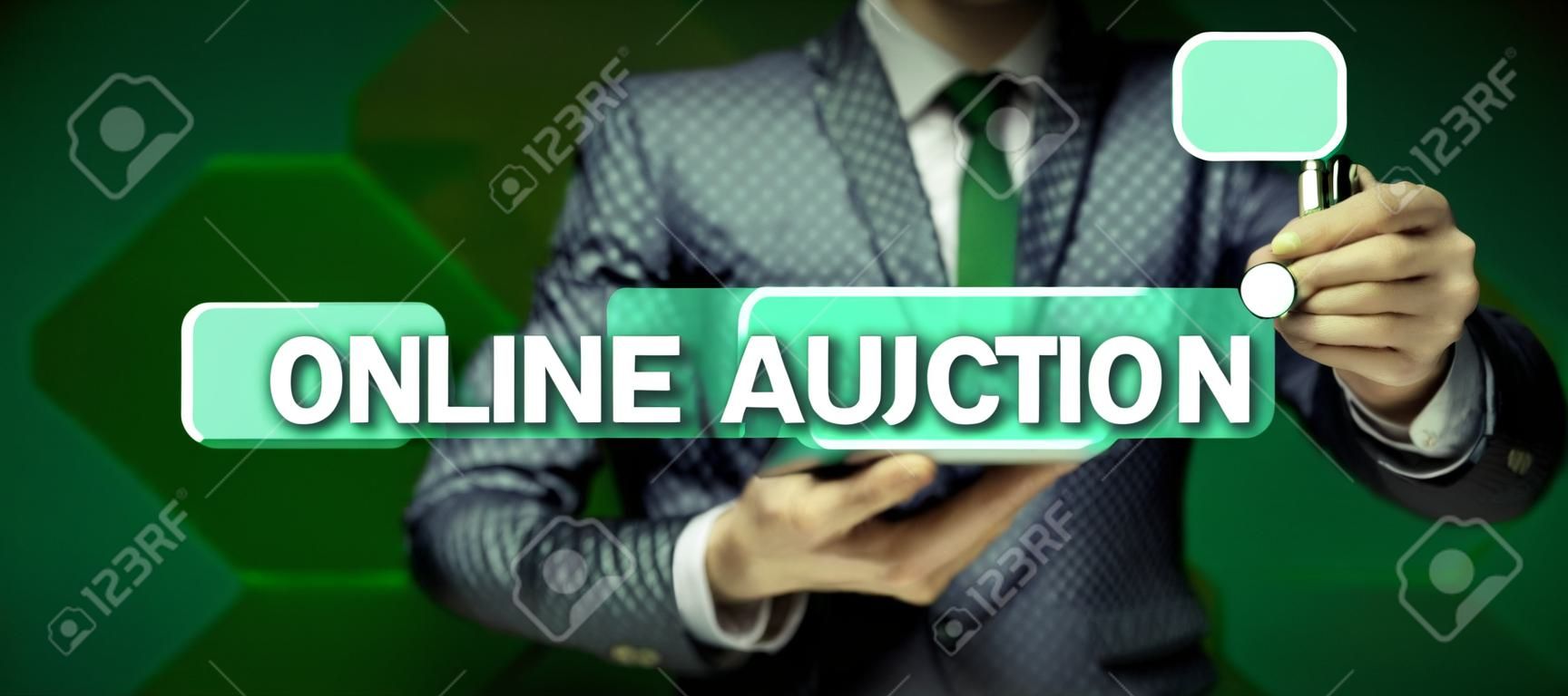 Text sign showing Online Auction. Business approach process of buying and selling goods or services online