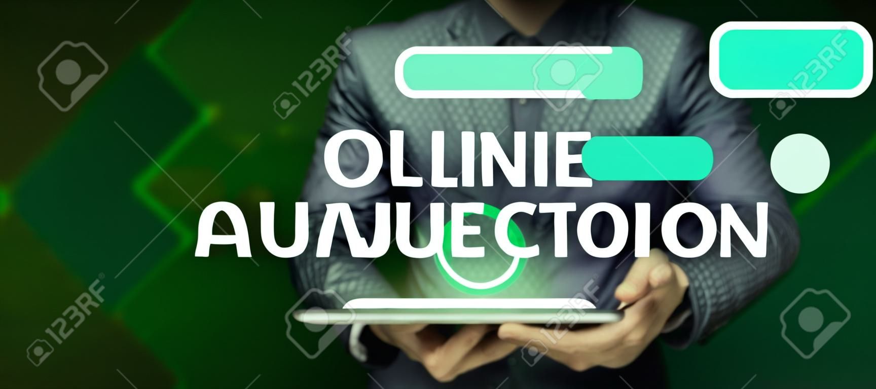 Text sign showing Online Auction. Business approach process of buying and selling goods or services online