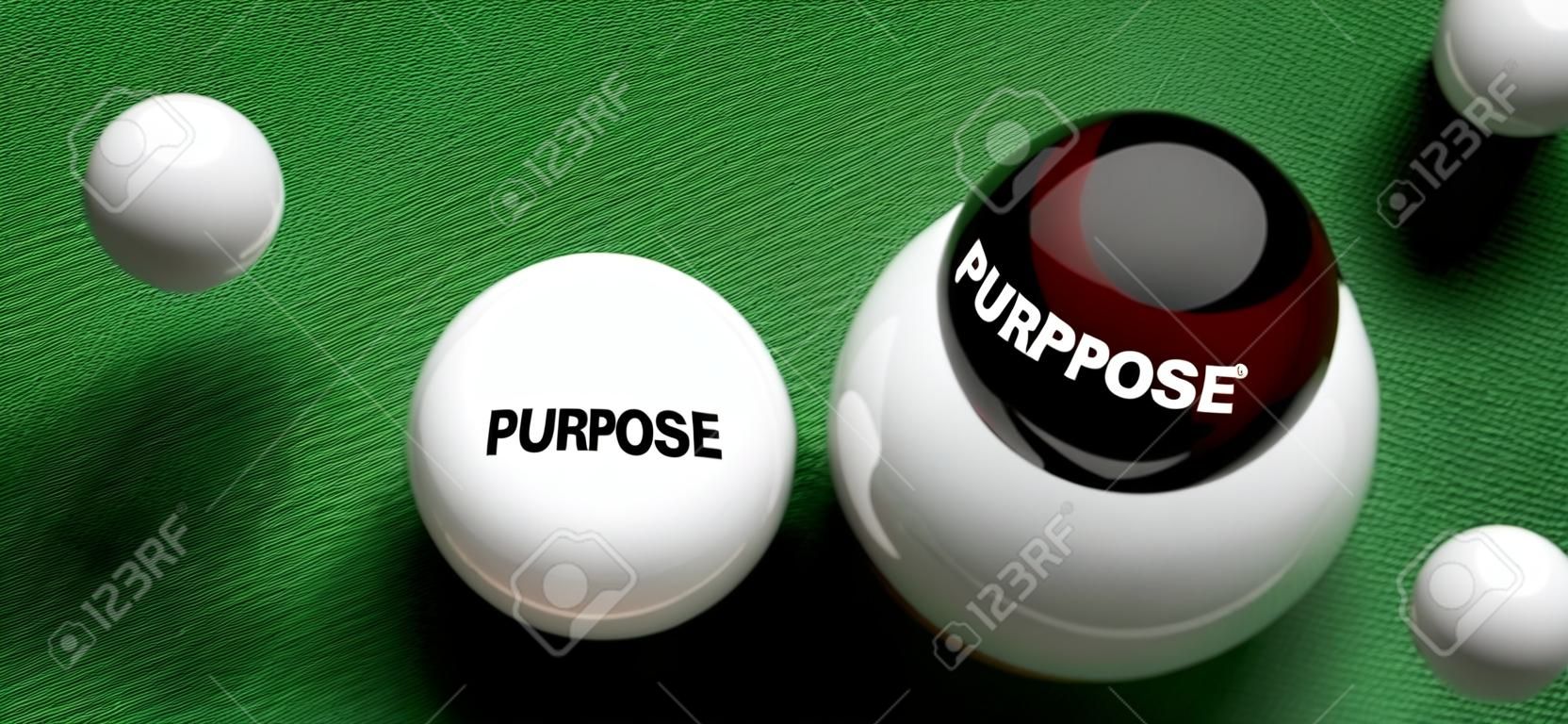 Purpose brings success - pictured as word Purpose on a pool ball, to symbolize that Purpose can initiate success, 3d illustration