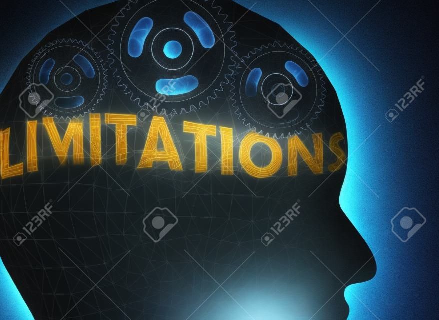 Limitations and human mind - pictured as word Limitations inside a head to symbolize relation between Limitations and the human psyche, 3d illustration