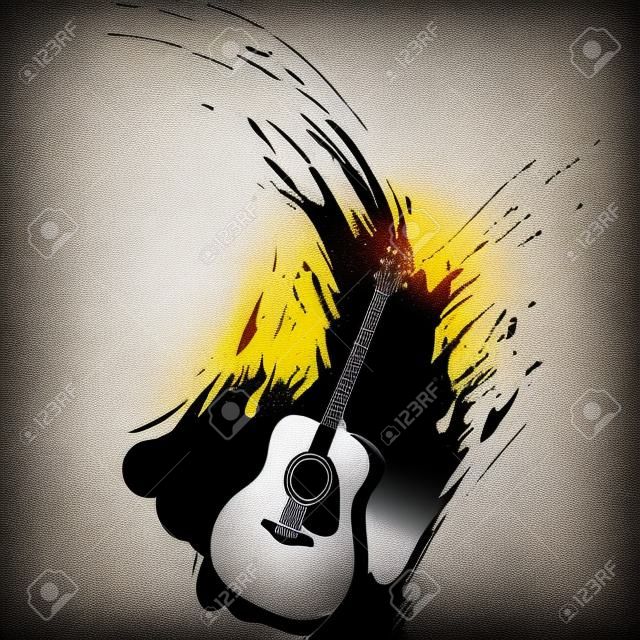 Guitarra Acústica Grunge Splash Diseño, Ilustración Silueta