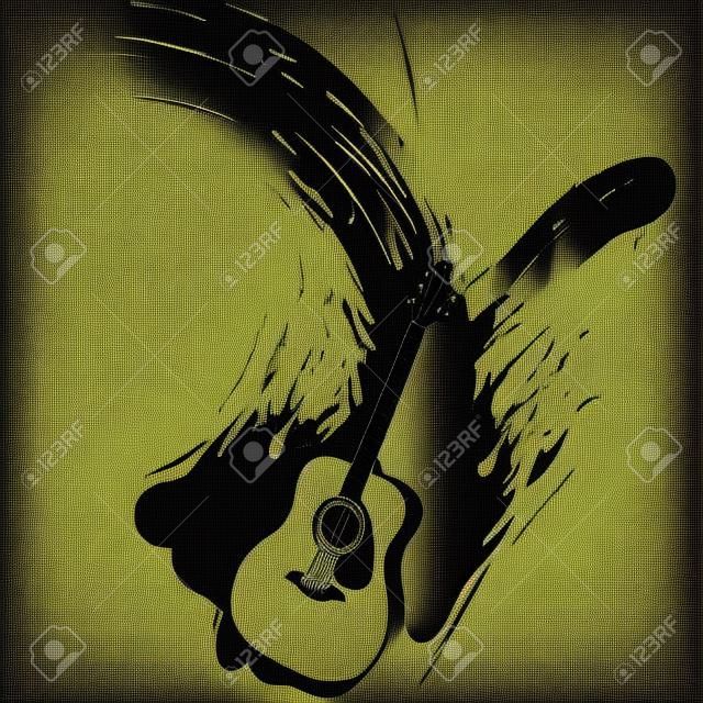 Acoustic Guitar Grunge Splash Design, Silhouette Illustration
