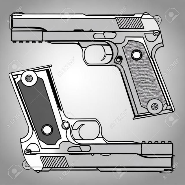 Technische Zeichnung einer 9mm Pistole Handfeuerwaffe. Präzise Linien. Shape of Waffe unterscheidet sich nicht auf einen bestimmten Hersteller. Oft verwendet, um die Gefahr, Töten, Gewalt, Militär, Selbstverteidigung, Schutz, und alle Schusswaffen zu vertreten. Vector Ilustration.