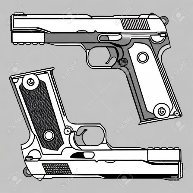9mm 권총 권총의 기술 선 그리기. 정확한 라인. 무기의 형태는 특정 업체에 구별하지 않습니다. 종종 위험, 살인, 폭력, 군사, 자기 방어, 보호, 및 총기를 표현하는 데 사용됩니다. 벡터 Ilustration입니다.