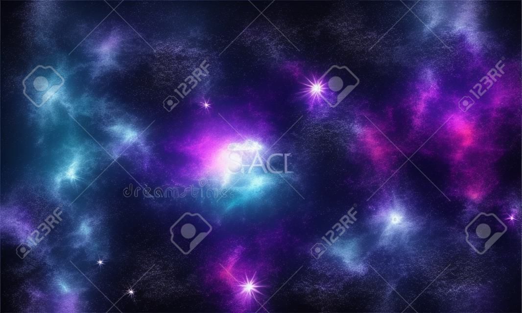 Raum-Galaxie-Hintergrund mit Nebel, stardust und hell leuchtenden Sternen. Vektor-Illustration für Ihr Design, Kunstwerke
