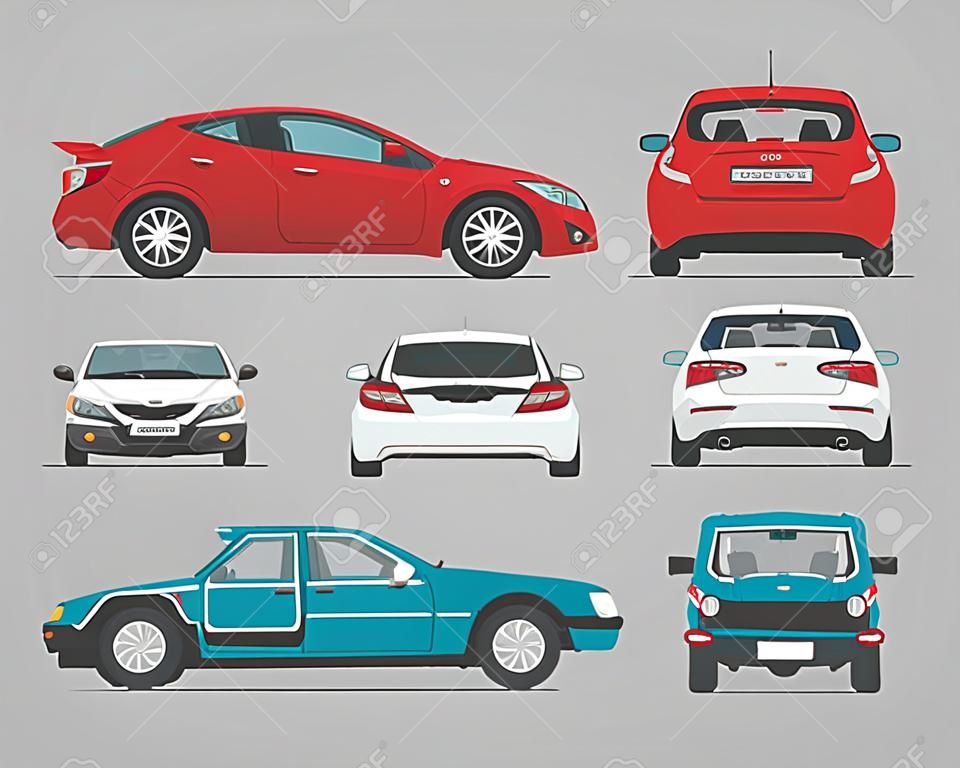 Auto's van verschillende kanten. Zijaanzicht, vooraanzicht, achteraanzicht. Cartoon auto in platte stijl.