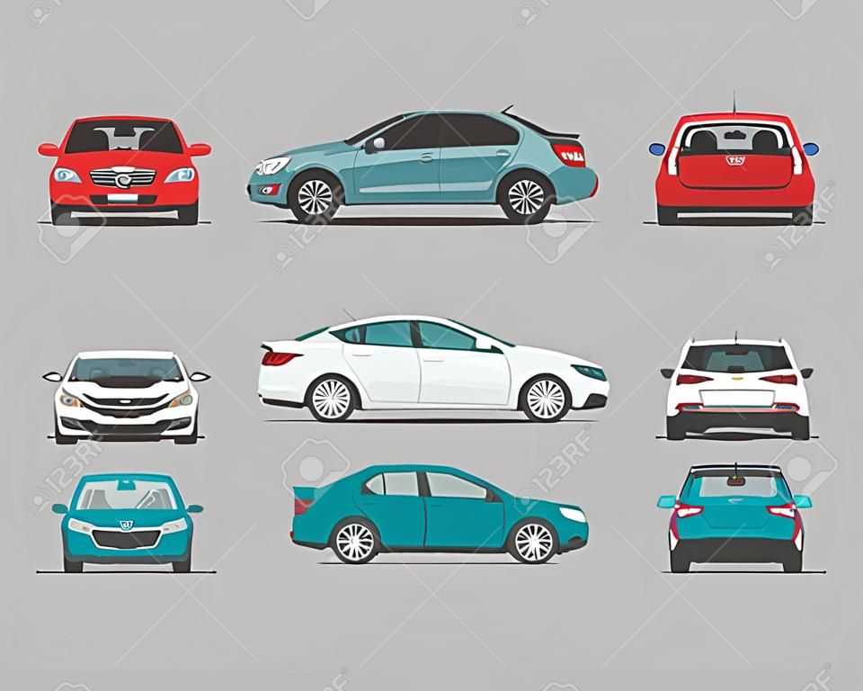 Auto's van verschillende kanten. Zijaanzicht, vooraanzicht, achteraanzicht. Cartoon auto in platte stijl.