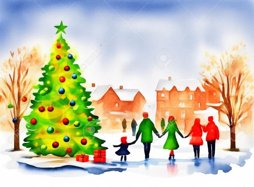 Happy family walking in the city with Christmas tree. Watercolor illustration