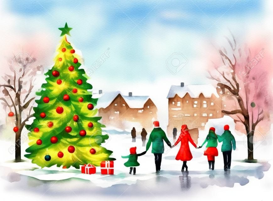 Happy family walking in the city with Christmas tree. Watercolor illustration