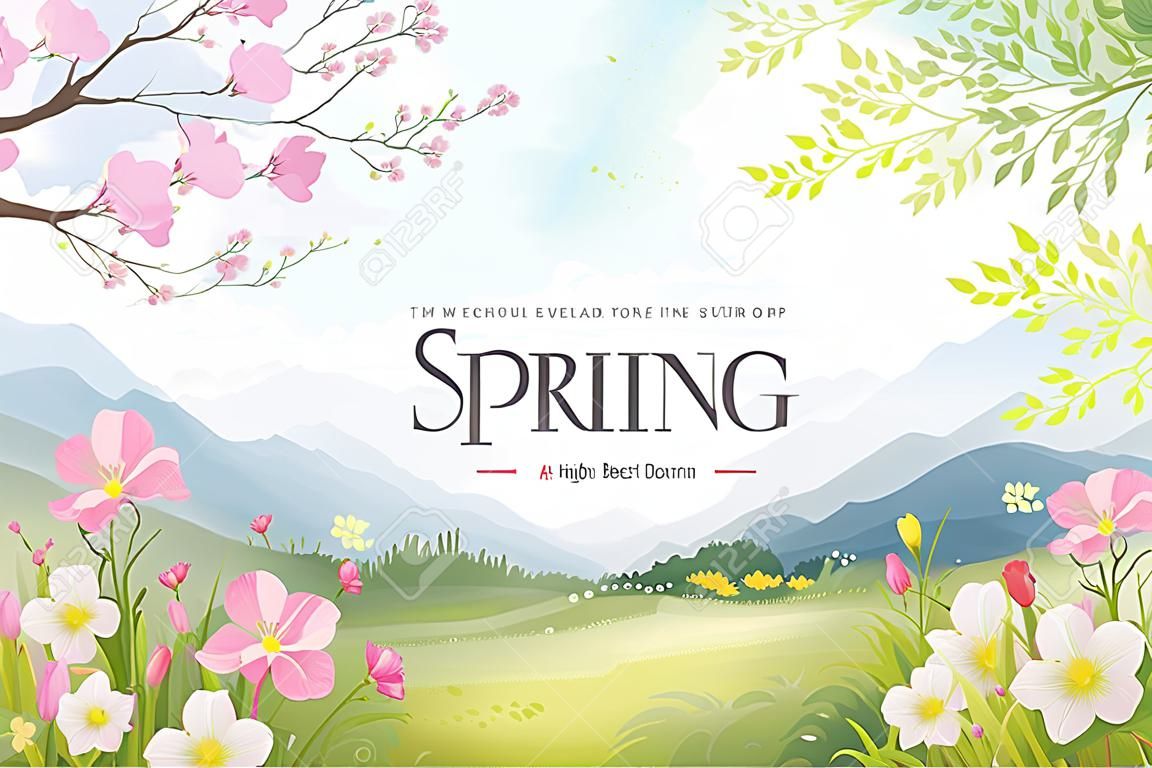 Spring background with blooming flowers and place for text. Vector illustration