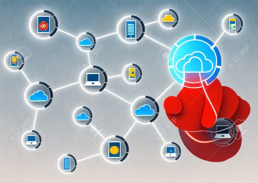 Bağlarla bağlantılı internet sembollerini temsil eden simgeler, bulut tabanlı ağ ve servis teknolojileri konusundaki kavramlar