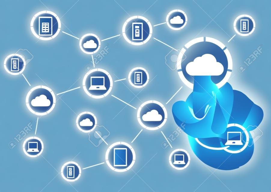 Bağlarla bağlantılı internet sembollerini temsil eden simgeler, bulut tabanlı ağ ve servis teknolojileri konusundaki kavramlar