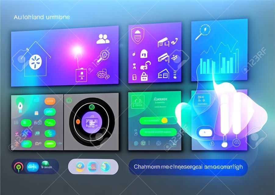 Smart home automation assistant dashboard screen using augmented reality (AR) to create holographic interface to control lights, shutters, air conditioning and security, person touching button