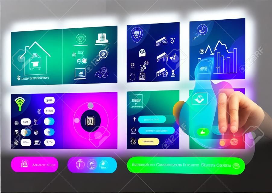 Smart home automation assistant dashboard screen using augmented reality (AR) to create holographic interface to control lights, shutters, air conditioning and security, person touching button