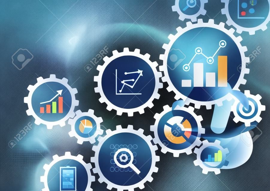 業務數據分析流程管理，顧問通過KPI財務圖表和圖形，自動化的營銷儀表板接觸聯網的齒輪