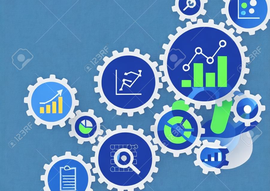 Business data analytics process management with a consultant touching connected gear cogs with KPI financial charts and graph, automated marketing dashboard