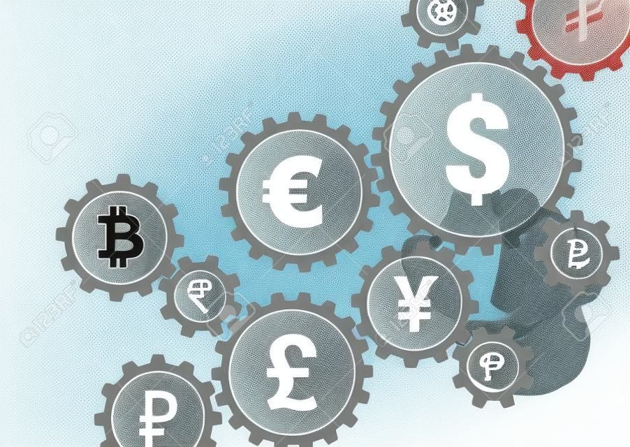 Il concetto commerciale di valuta estera con i simboli di valuta dentro ha collegato gli ingranaggi per mostrare il collegamento fra i soldi, uomo d'affari nella priorità bassa
