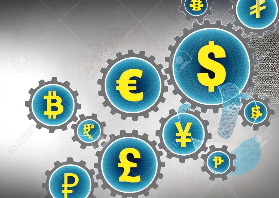Foreign exchange trading concept with currency symbols inside connected gears to show connection between money, businessman in background
