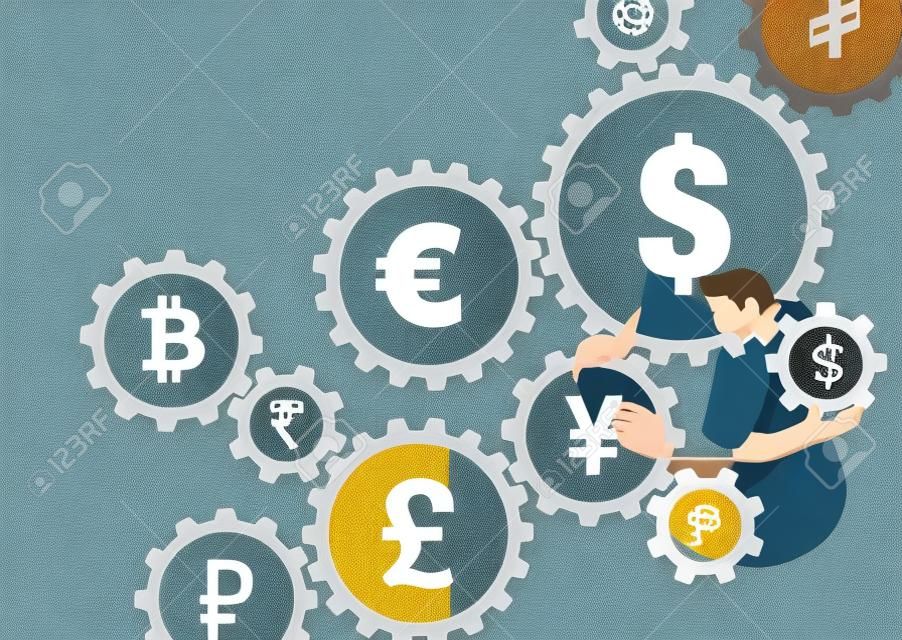Devisenhandelskonzept mit Währungszeichen innerhalb verbundener Gänge, um Verbindung zwischen Geld, Geschäftsmann im Hintergrund zu zeigen