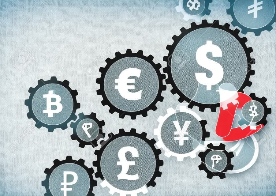 Концепция торговли иностранной валютой с символами валюты внутри подключенных шестерен, чтобы показать связь между деньгами, бизнесмен в фоновом режиме