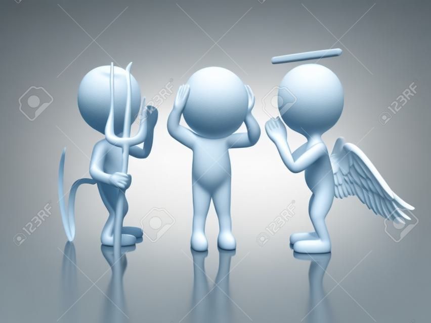 3D Illustration. White people contemplation a decision with Angel and Devil. Isolated white background.