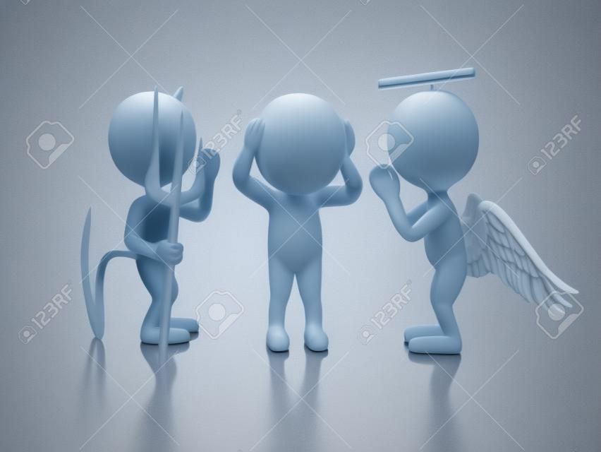 3D Illustration. White people contemplation a decision with Angel and Devil. Isolated white background.