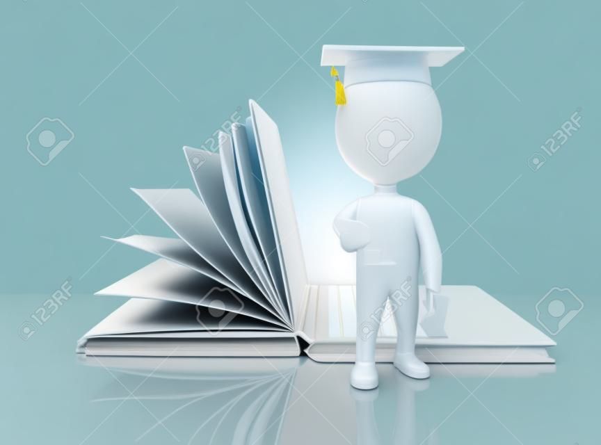 3d illustration. Open book turns into an open laptop with white people graduate. E-learning, digital library and online education concept. Isolated white background