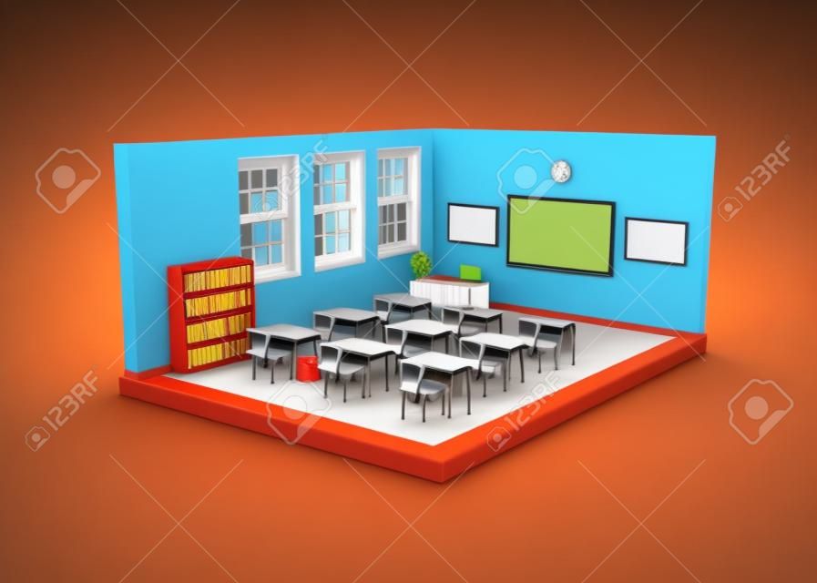 3D Illustration. Empty school classroom.