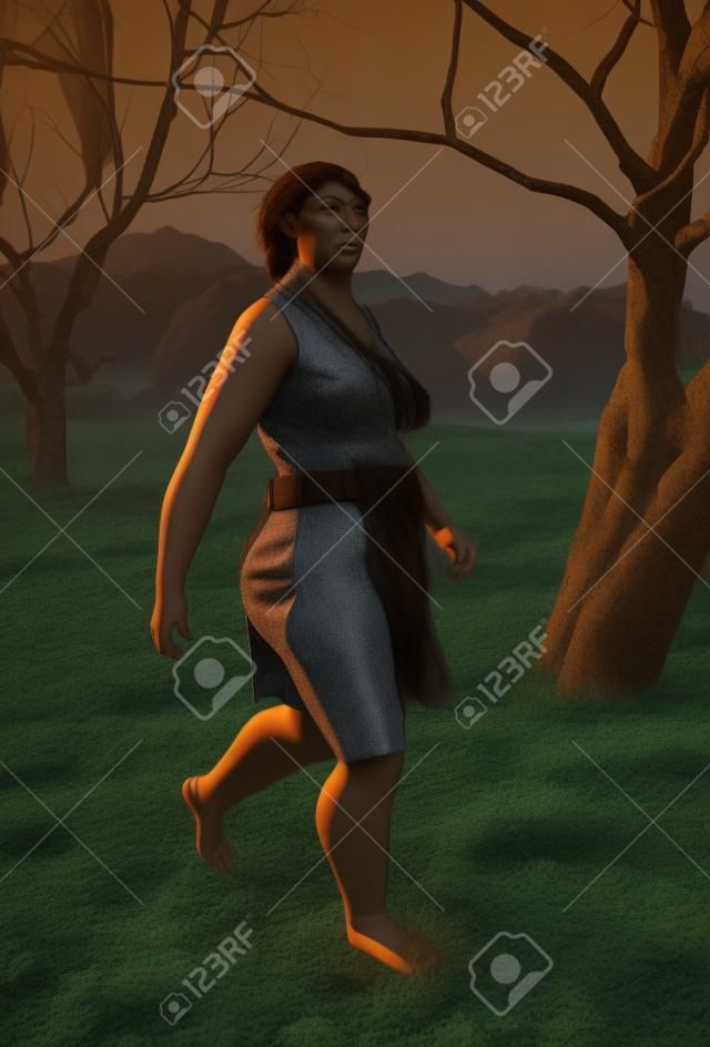 Neandervölgyi nő séta, 3d render
