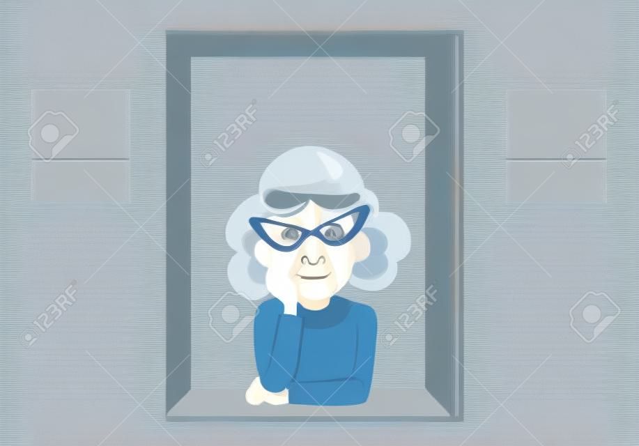 Mulher idosa triste que olha através da ilustração vetorial da janela