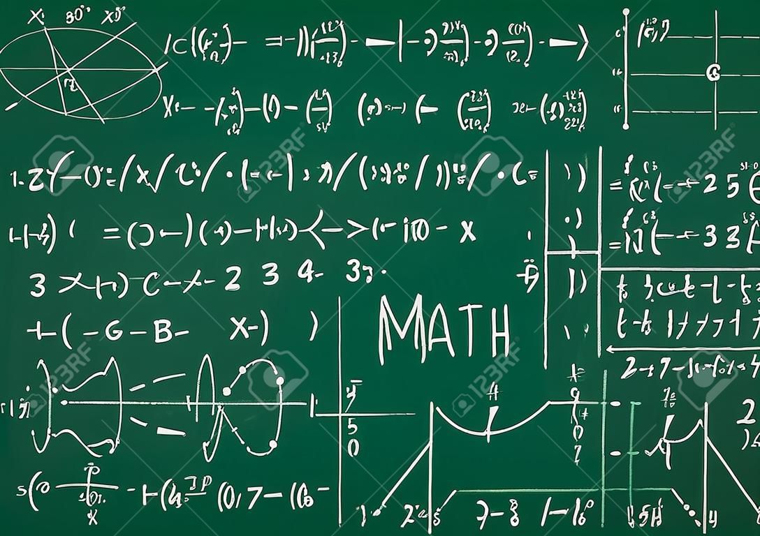 Formules mathématiques dessinées à la main sur le tableau vert pour le fond. Illustration vectorielle.