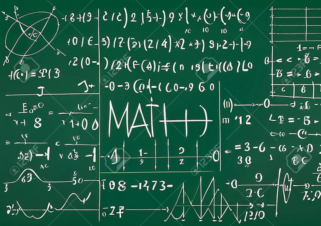 Mathematical formulas drawn by hand on the green chalkboard for the background. Vector illustration.