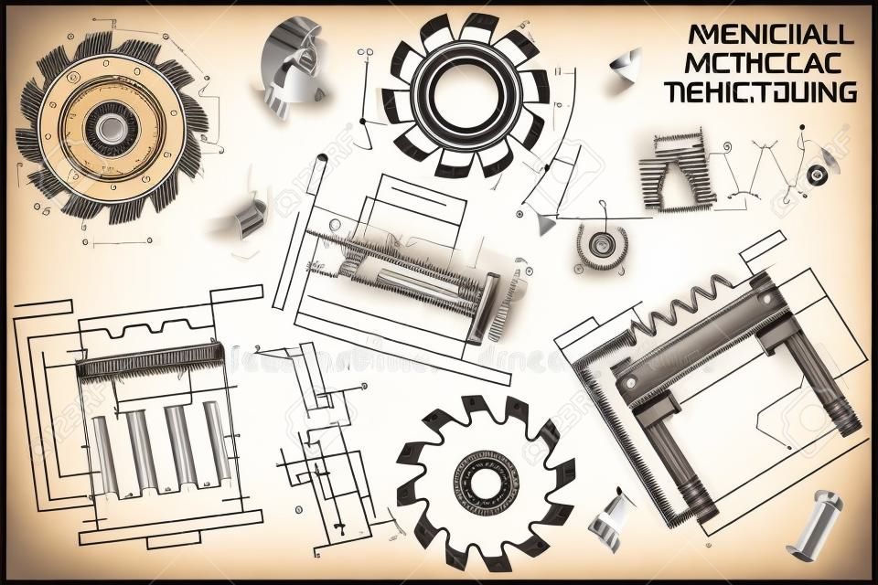 ベージュのテクニカルペーパーの背景に機械工学図面。切削工具、フライス。工業デザイン。カバー。設計図。ビジネスビジネス。ベクトルイラスト。