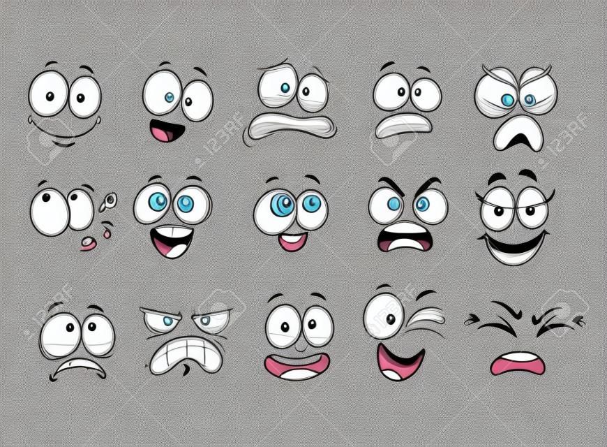 Cartoon facial expressions set. Cartoon faces. Expressive eyes and mouth, smiling, crying and surprised character face expressions. Caricature comic emotions or emoticon doodle. Isolated vector