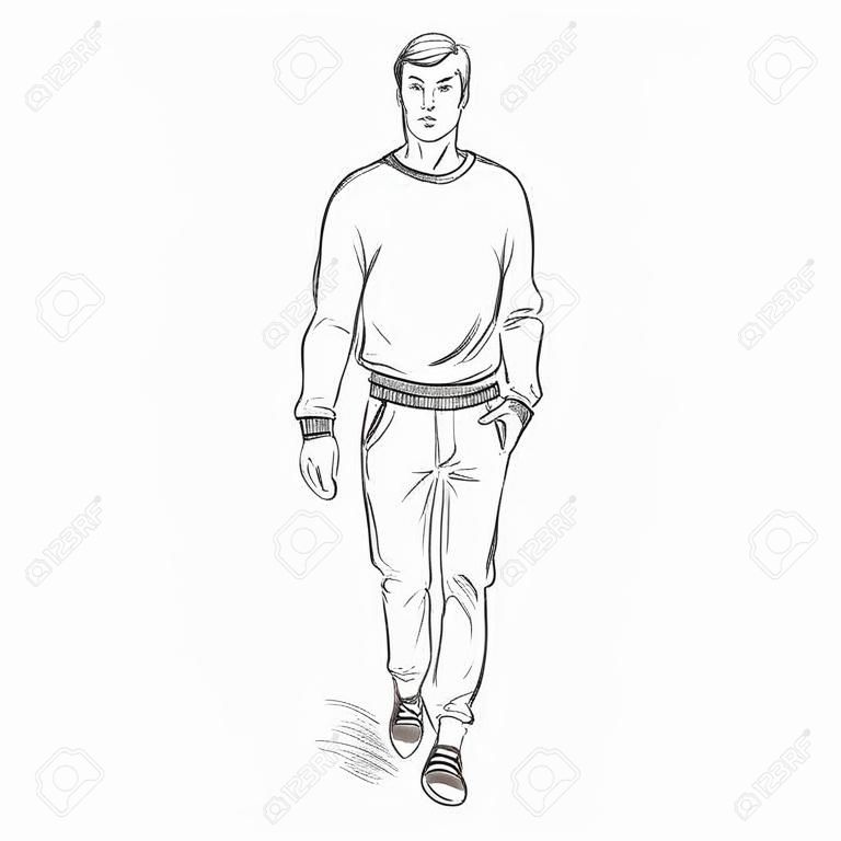 Vector Single Sketch Illustration -  Fashion Male Model in Trousers and Sweatshirt