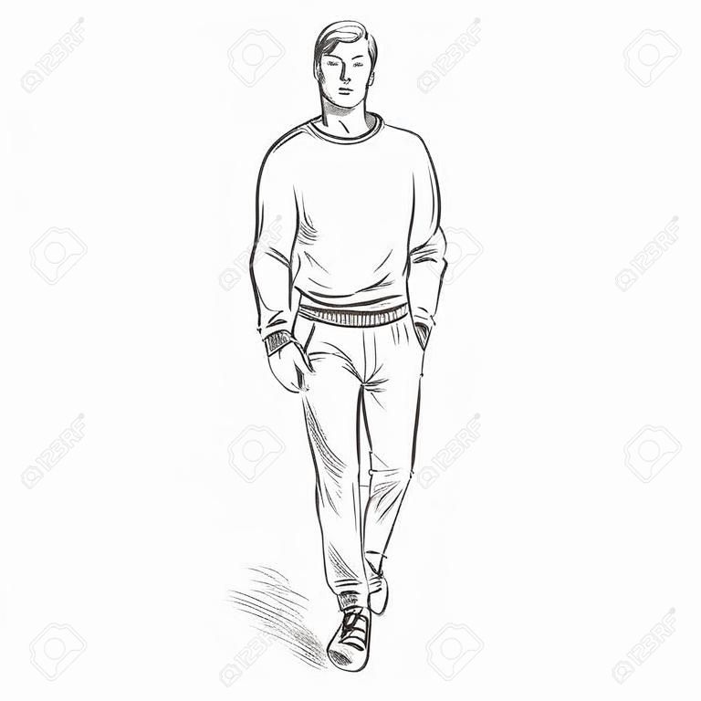 Vector singolo Sketch Illustrazione - Modello di modo maschio in pantaloni e felpa