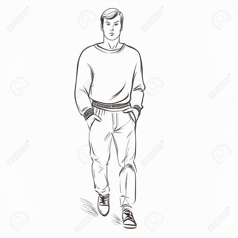 Vector singolo Sketch Illustrazione - Modello di modo maschio in pantaloni e felpa