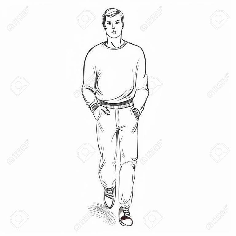 Vector Single Sketch Illustration -  Fashion Male Model in Trousers and Sweatshirt