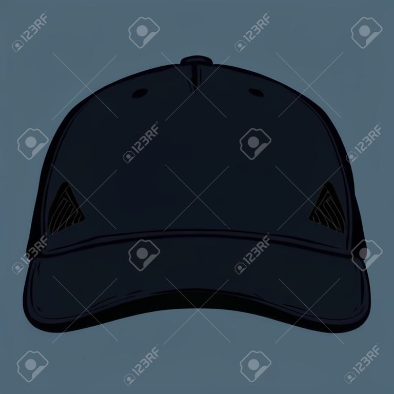Vector Cartoon Black Classic Blank Baseball Cap. Front View.